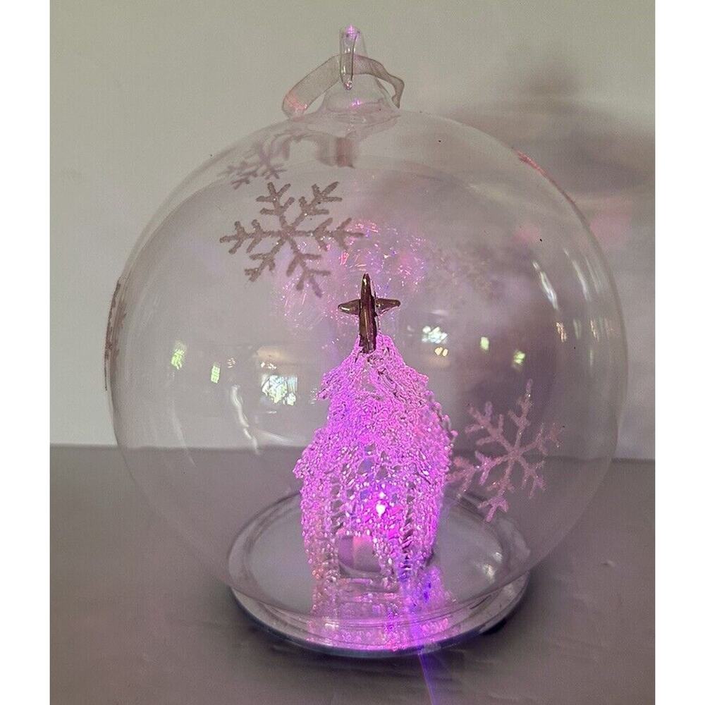 Christmas Handblown Clear Glass Globe Church Steeple Color Changing LED Light Up